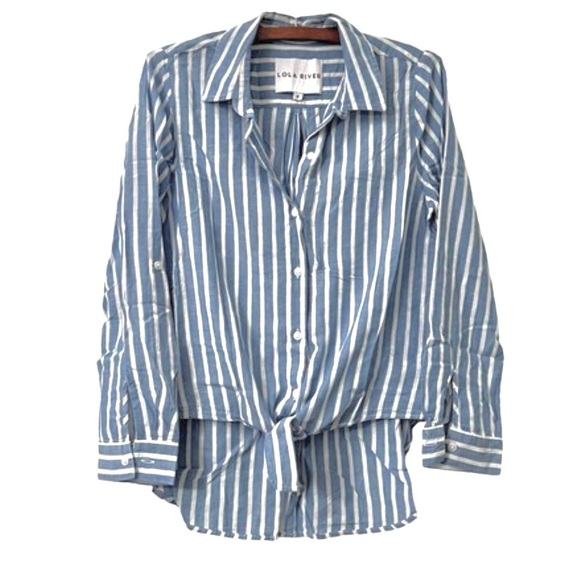 Lola River Tencel Linen Women’s Button Tie Front Collared Pockets Striped Shirt - Picture 11 of 11